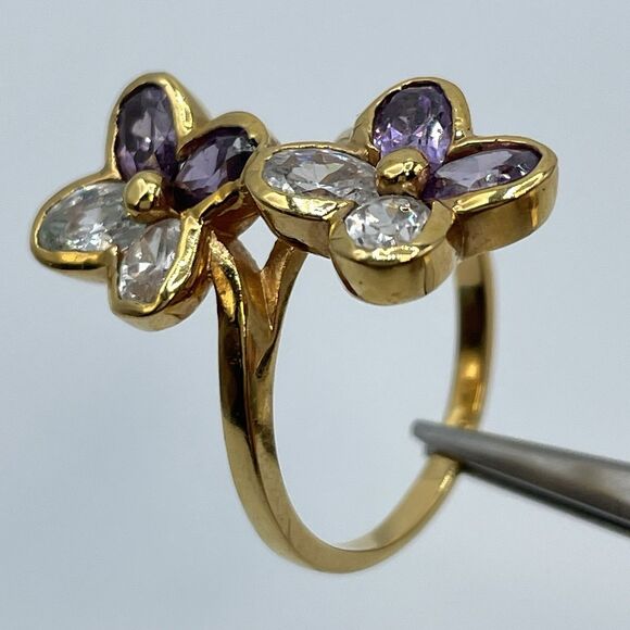Flower Purple White Rhinestone Gold Tone Ring Band Sz 11 Statement Cocktail Boho - Picture 1 of 6
